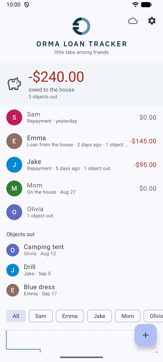 The home screen: the total owed to the house, one tab per person with its balance, and the things that are out