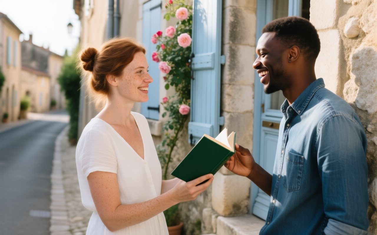 Sur le pas d’une maison de village en pierre aux volets bleus, une femme tend un livre vert à son ami, qui le prend en riant