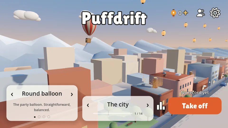 The Puffdrift home screen: the Round balloon above the city, ready to take off