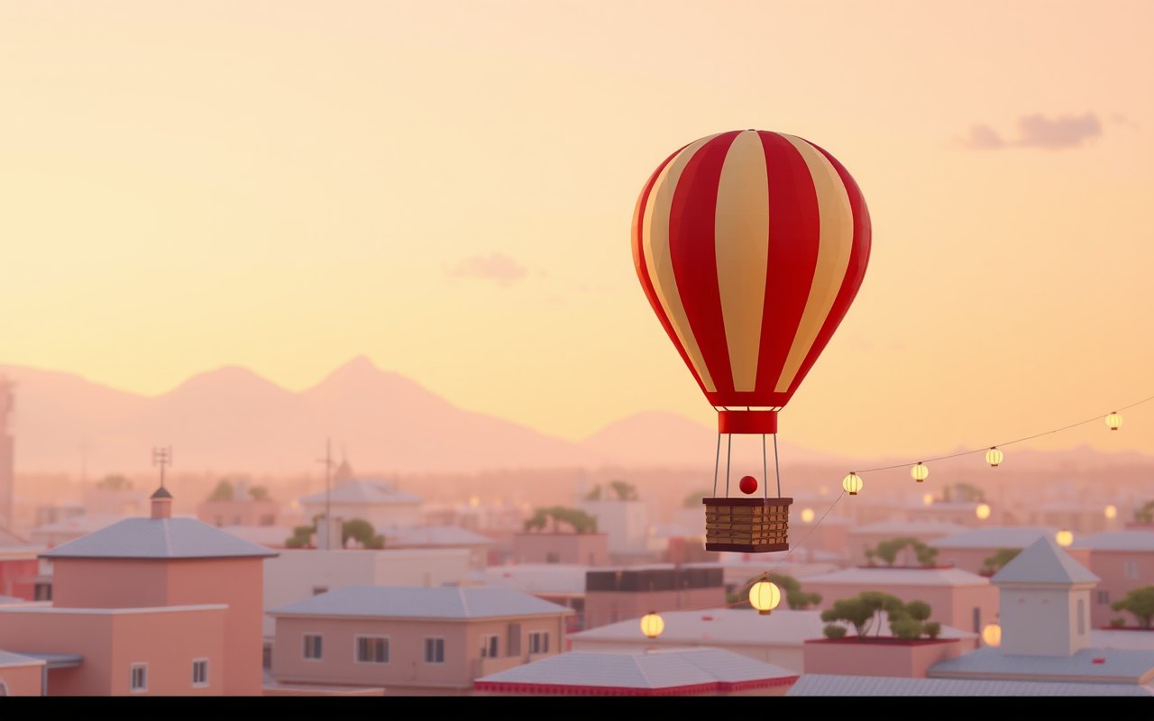 Une montgolfière rayée rouge et crème au-dessus des toits d’une ville au soleil couchant, une guirlande de lampions, des montagnes au loin