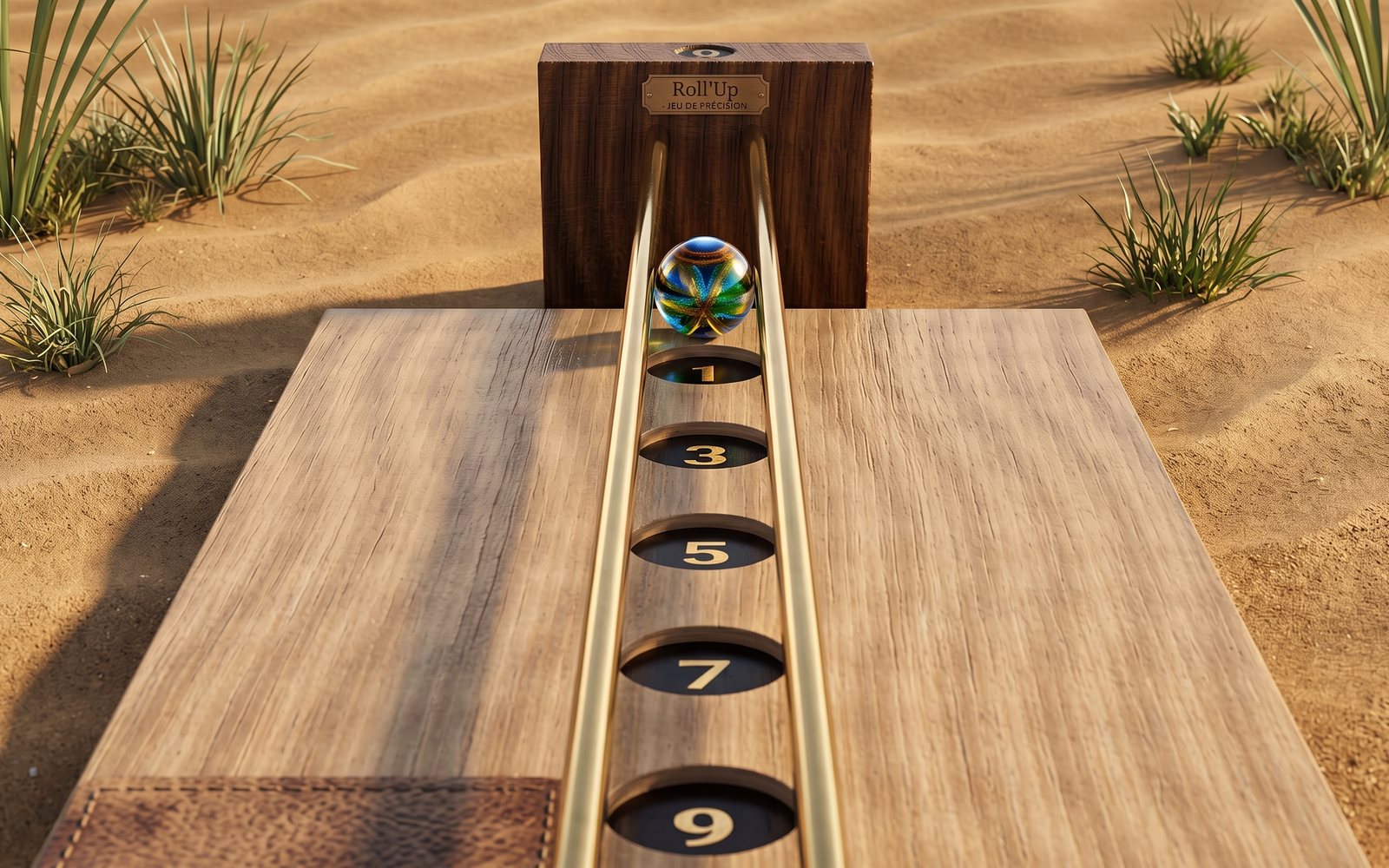 Une bille de verre entre deux baguettes de laiton qui partent d’un bloc de bois, au-dessus d’une planche percée de trous numérotés 1, 3, 5, 7 et 9, posée sur le sable des dunes