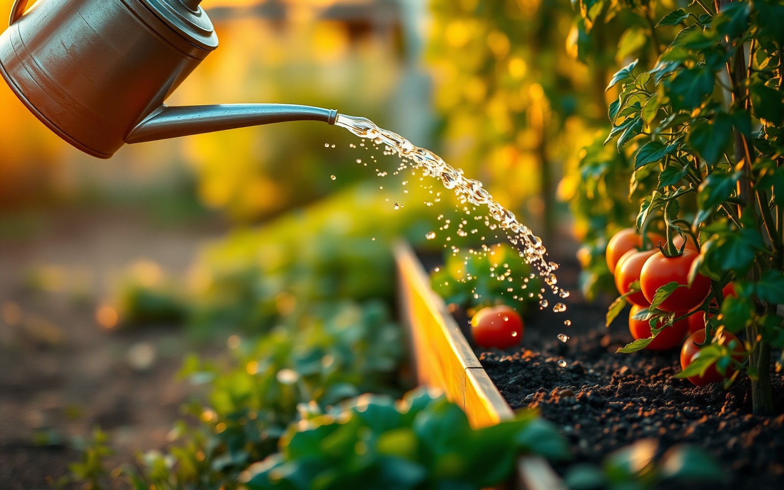Un arrosoir en zinc verse un filet d’eau sur la terre d’un carré de potager, au pied de tomates mûres, au soleil couchant