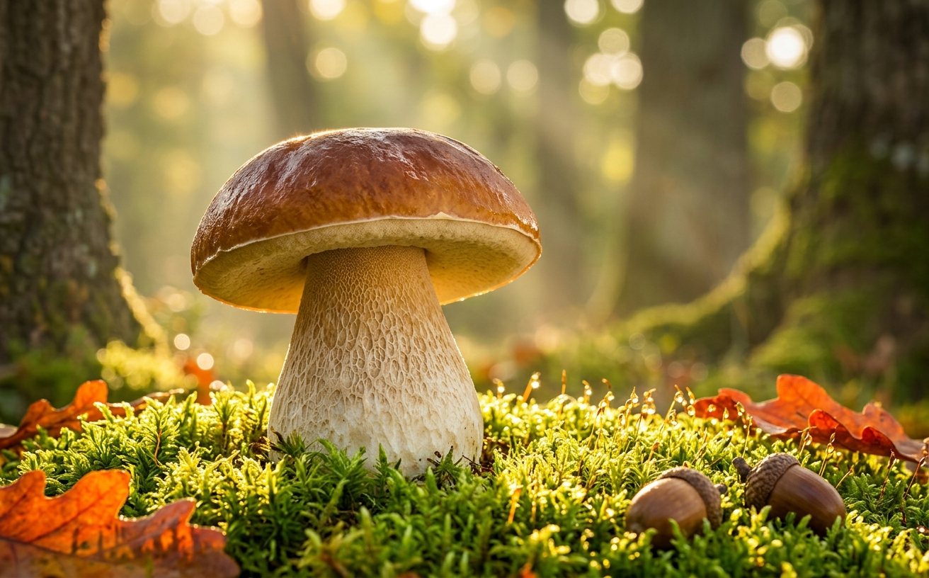 Un cèpe de Bordeaux sur un coussin de mousse, dans un sous-bois de chênes au soleil du matin
