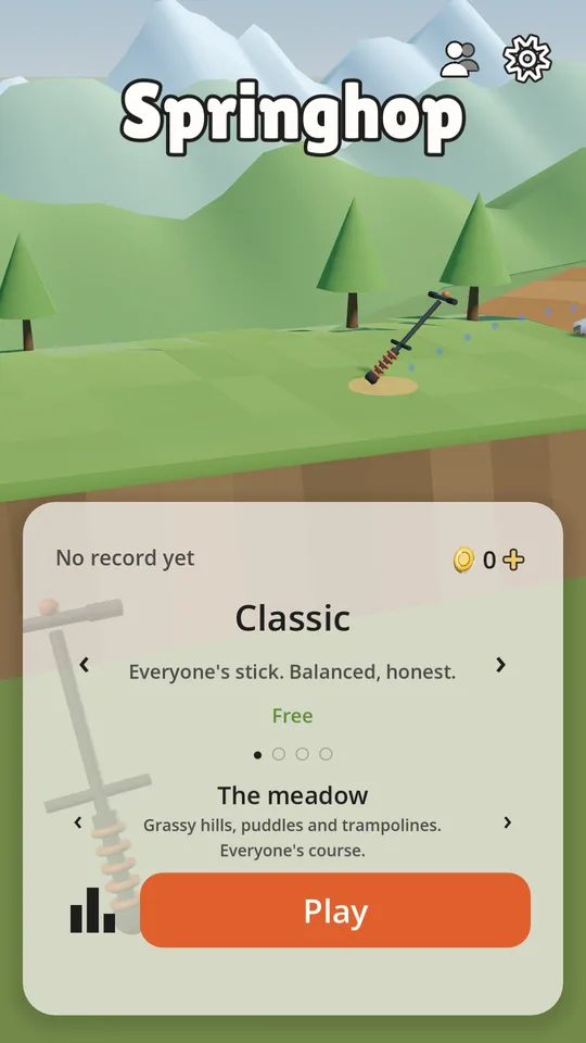 The Springhop home screen: the Classic stick and the meadow course, ready to play