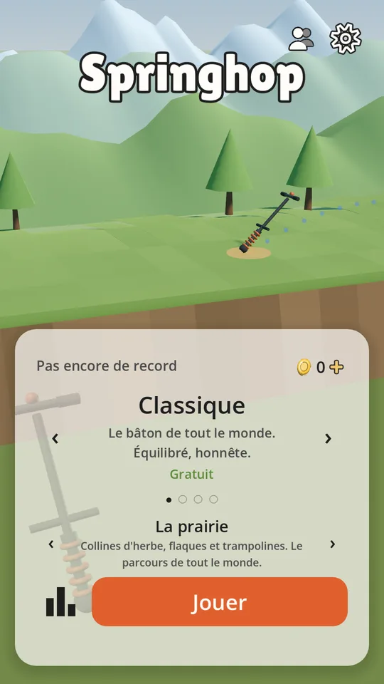 L’accueil de Springhop : le bâton Classique et le parcours de la prairie, prêts à jouer