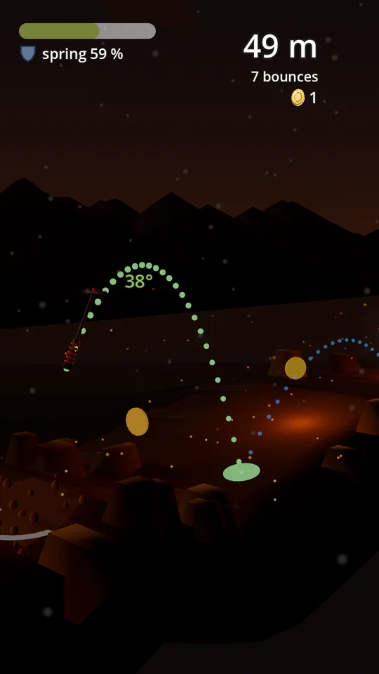 A night jump over the volcano, with the dotted path and the stick’s angle